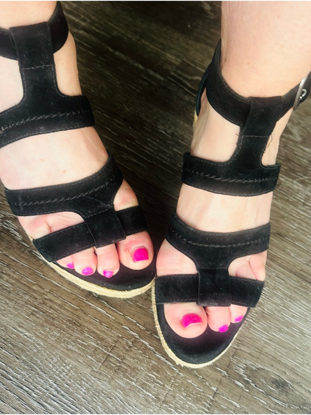 UGG Black Suede Strappy Wedge Sandals 7.5
